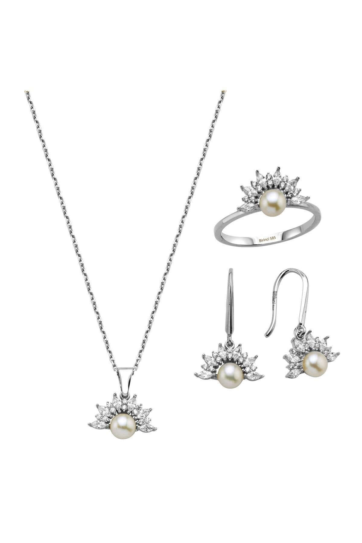 Yarım Çiçek Modelli Doğal İnci Küpe Kolye Yüzük Üçlü Set | | Birinci1926