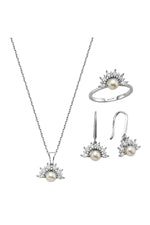 Yarım Çiçek Modelli Doğal İnci Küpe Kolye Yüzük Üçlü Set | | Birinci1926