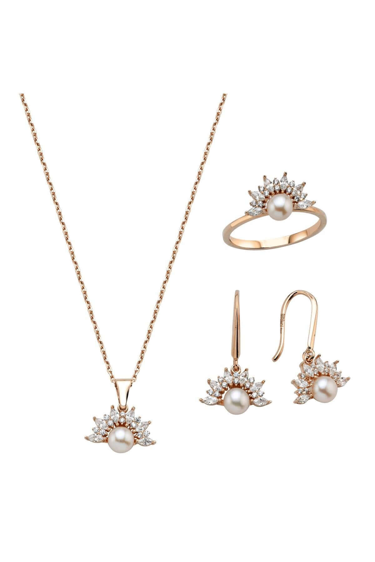 Yarım Çiçek Modelli Doğal İnci Küpe Kolye Yüzük Üçlü Set | | Birinci1926