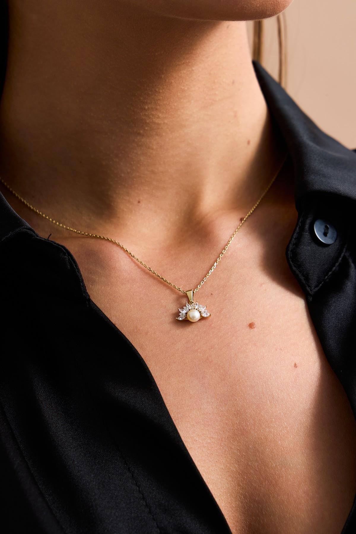 Yarım Çiçek Modelli Doğal İnci Küpe Kolye Yüzük Üçlü Set | | Birinci1926