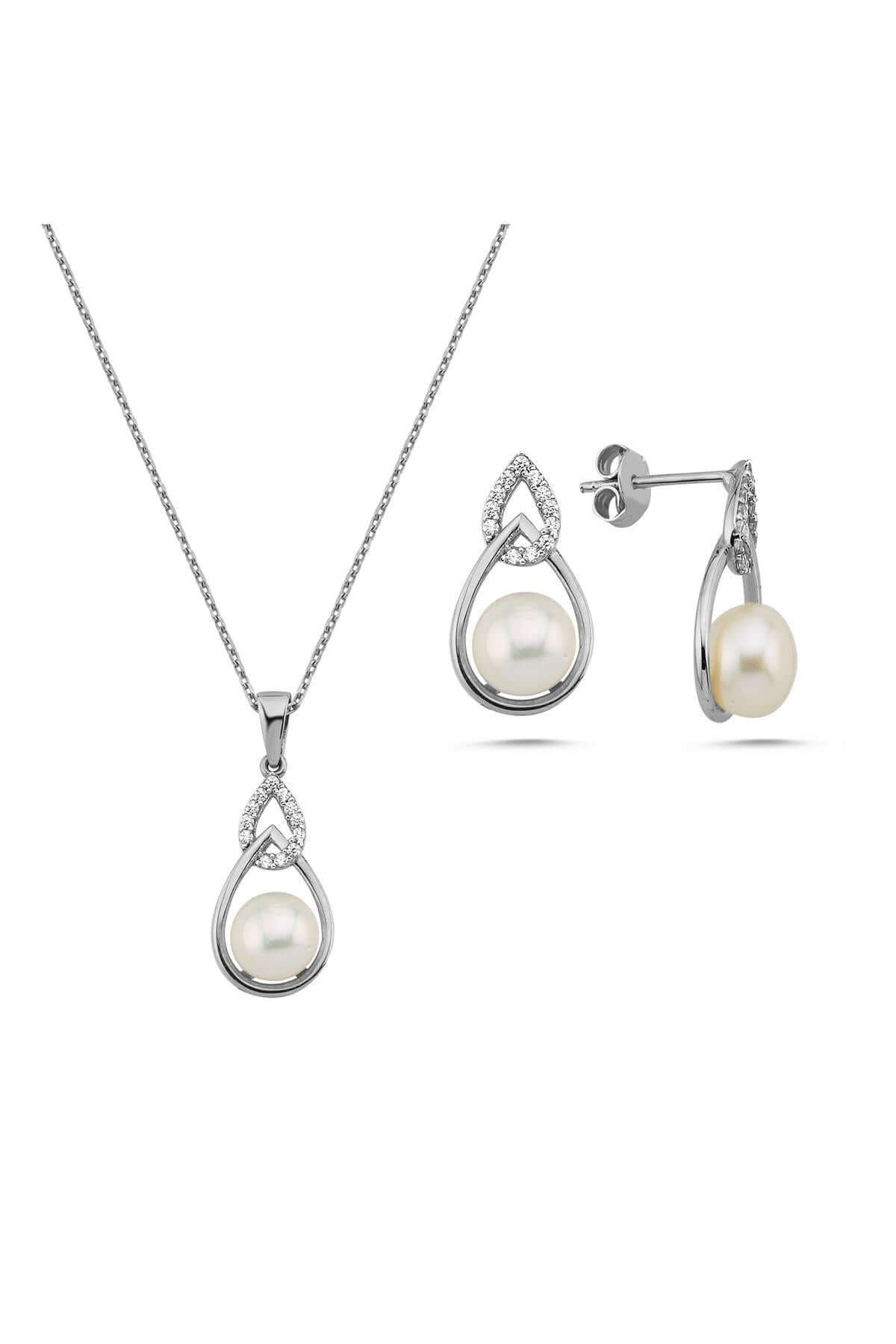 Zirkon Taşlı Damla İçinde Doğal İnci Küpe Kolye İkili Set | | Birinci1926