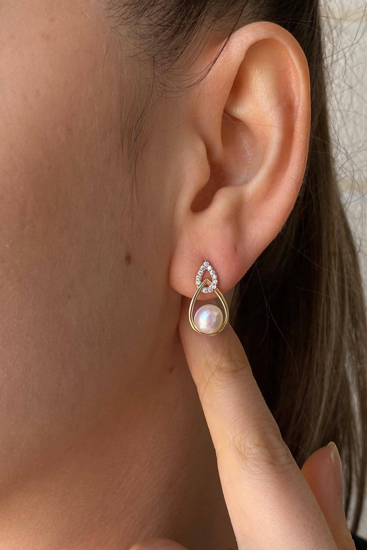 Zirkon Taşlı Damla İçinde Doğal İnci Küpe Kolye İkili Set | | Birinci1926