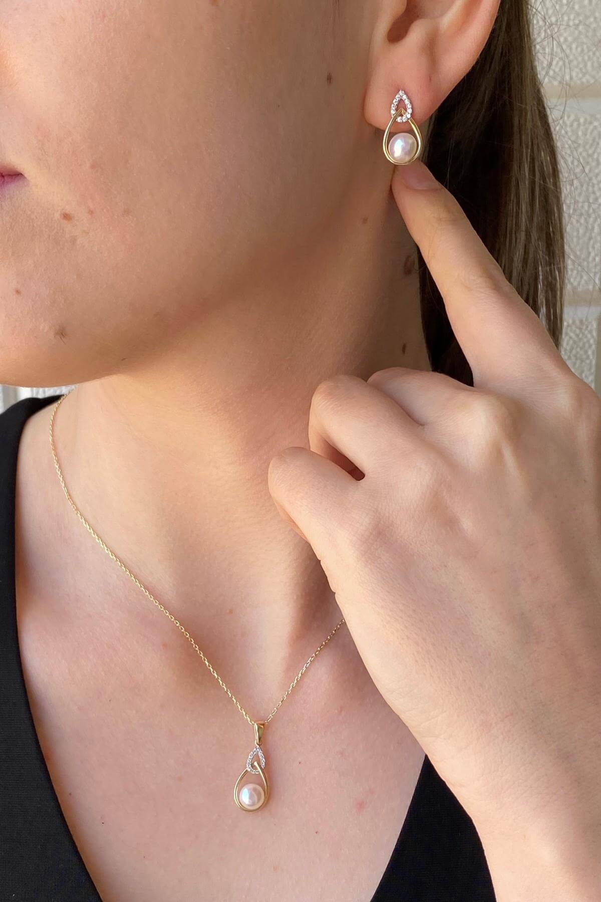 Zirkon Taşlı Damla İçinde Doğal İnci Küpe Kolye İkili Set | | Birinci1926