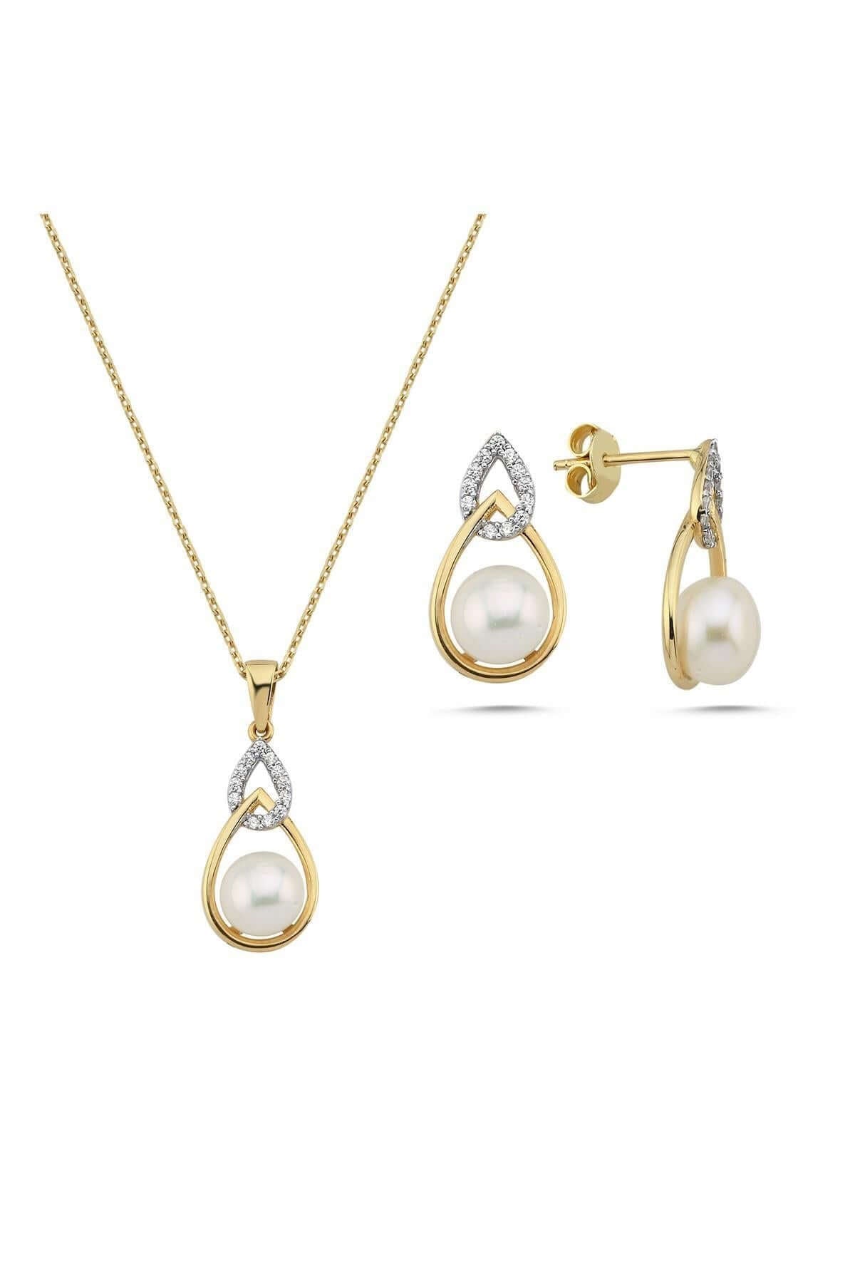 Zirkon Taşlı Damla İçinde Doğal İnci Küpe Kolye İkili Set | | Birinci1926