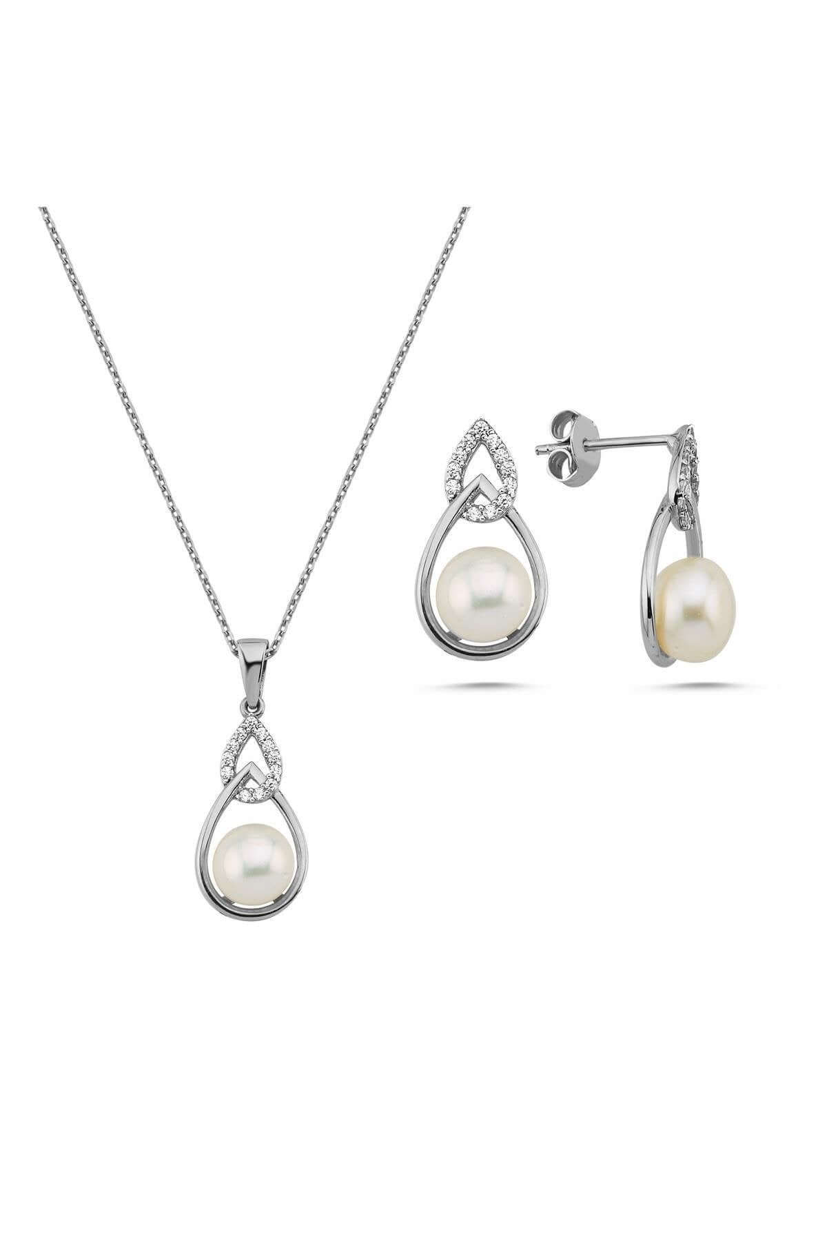 Zirkon Taşlı Damla İçinde Doğal İnci Küpe Kolye İkili Set | | Birinci1926