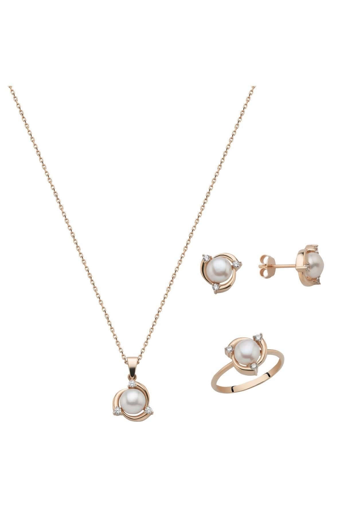 Zirkon Taşlı Doğal İnci Küpe Kolye Yüzük Üçlü Set | | Birinci1926