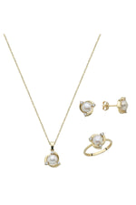 Zirkon Taşlı Doğal İnci Küpe Kolye Yüzük Üçlü Set | | Birinci1926