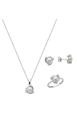 Zirkon Taşlı Doğal İnci Küpe Kolye Yüzük Üçlü Set | | Birinci1926