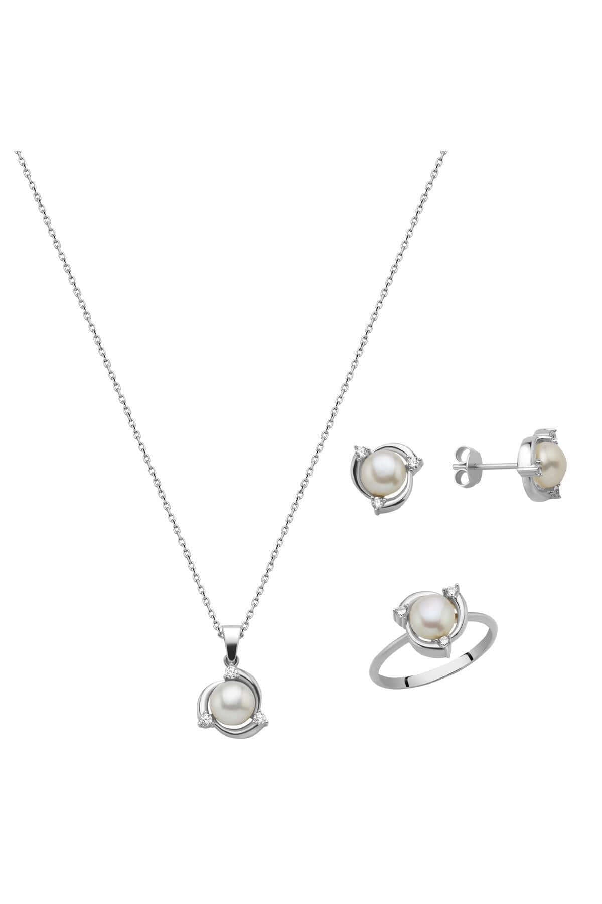 Zirkon Taşlı Doğal İnci Küpe Kolye Yüzük Üçlü Set | | Birinci1926