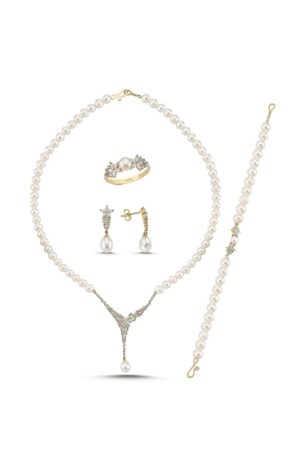 Zirkon Taşlı Doğal İnci Küpe Kolye Bileklik Yüzük Dörtlü Set | | Birinci1926