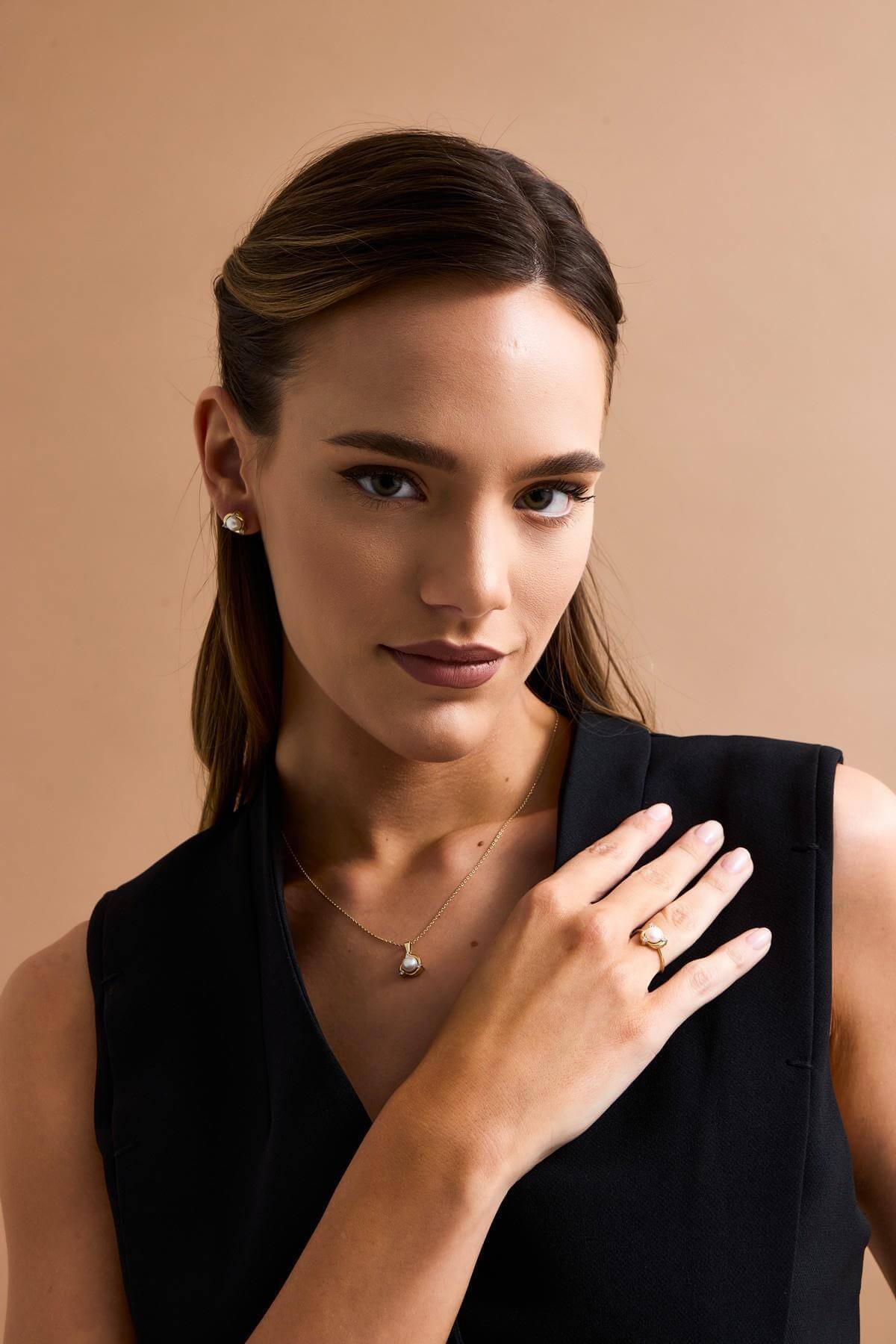 Zirkon Taşlı Doğal İnci Küpe Kolye Yüzük Üçlü Set | | Birinci1926