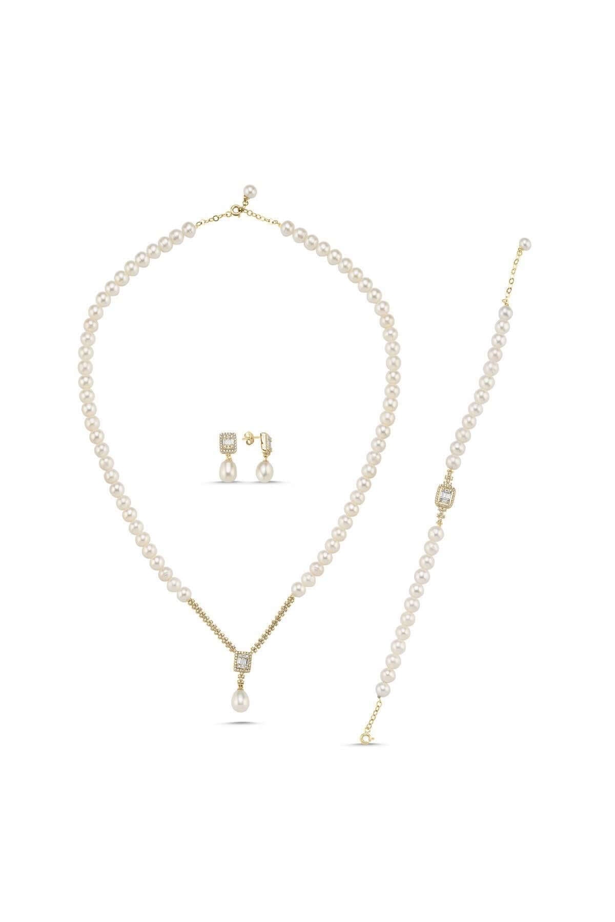 Baget Taşlı Doğal İnci Küpe Kolye Bileklik Üçlü Set | | Birinci1926