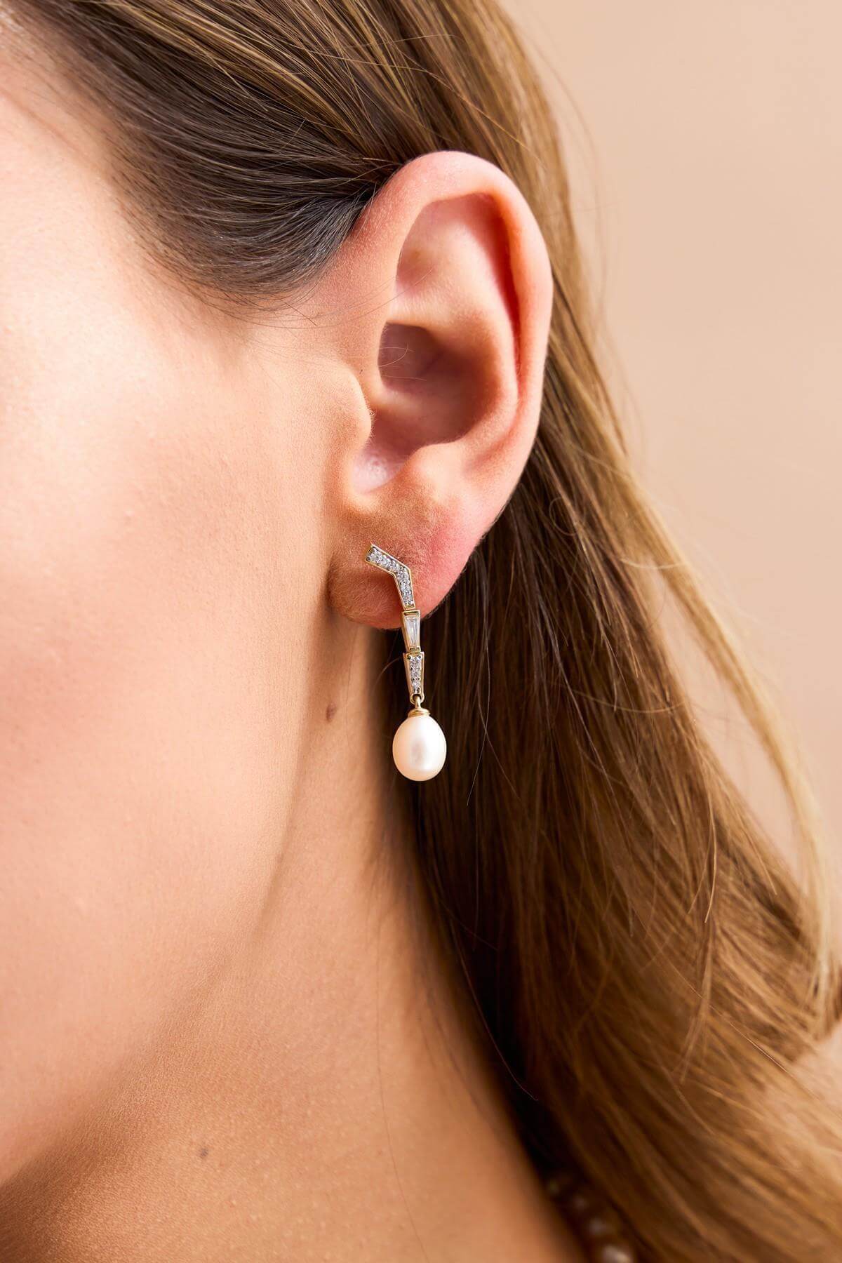 Baget Zirkon Taşlı Doğal İnci Küpe | | Birinci1926