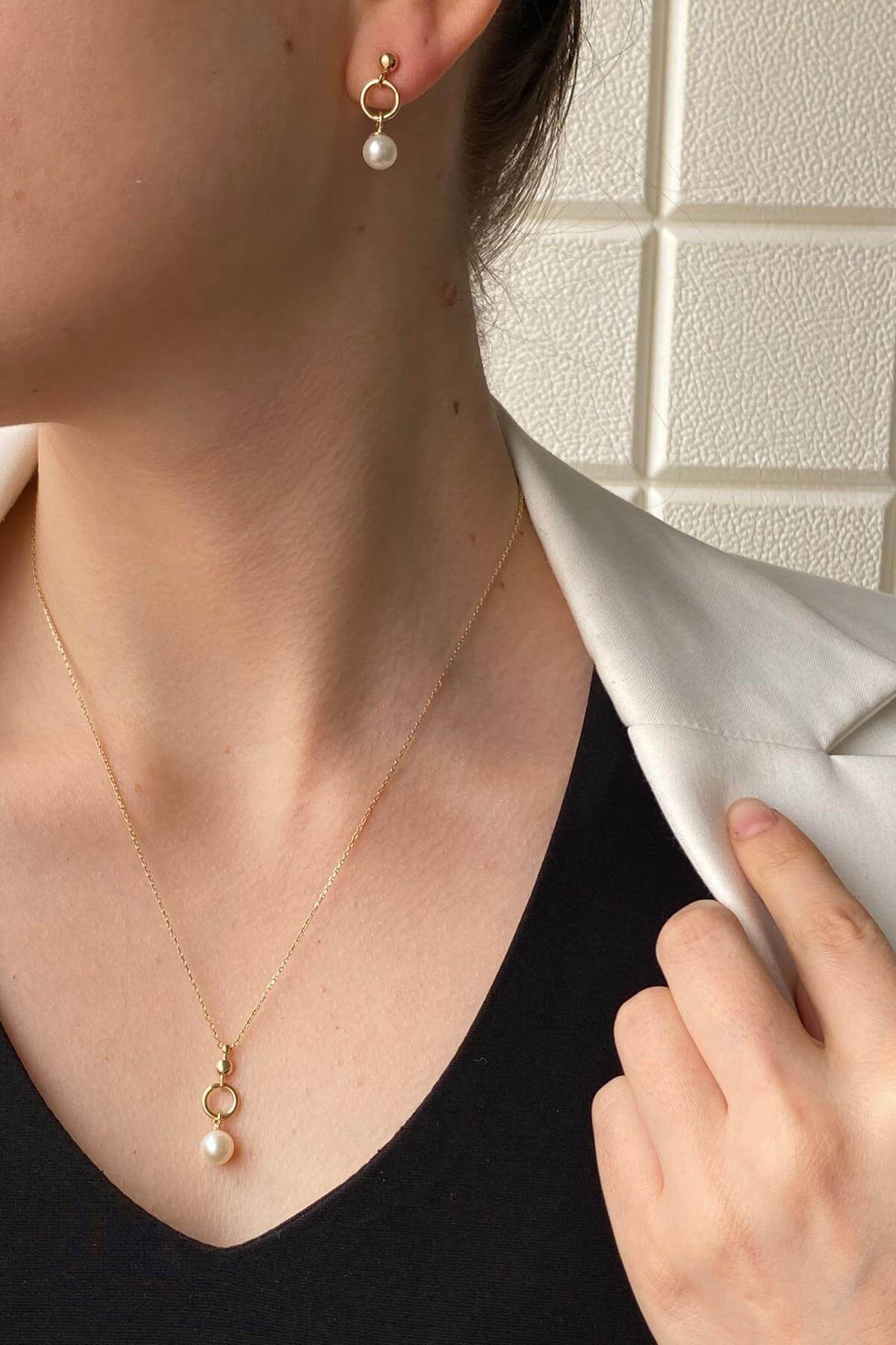 Halka Doğal İnci Küpe Kolye İkili Set | | Birinci1926