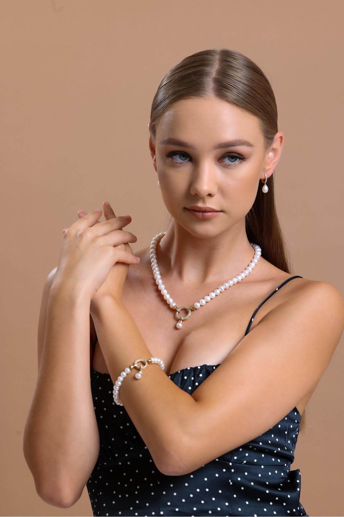 Halka Kilitli Doğal İnci Kolye Bileklik İkili Set | | Birinci1926