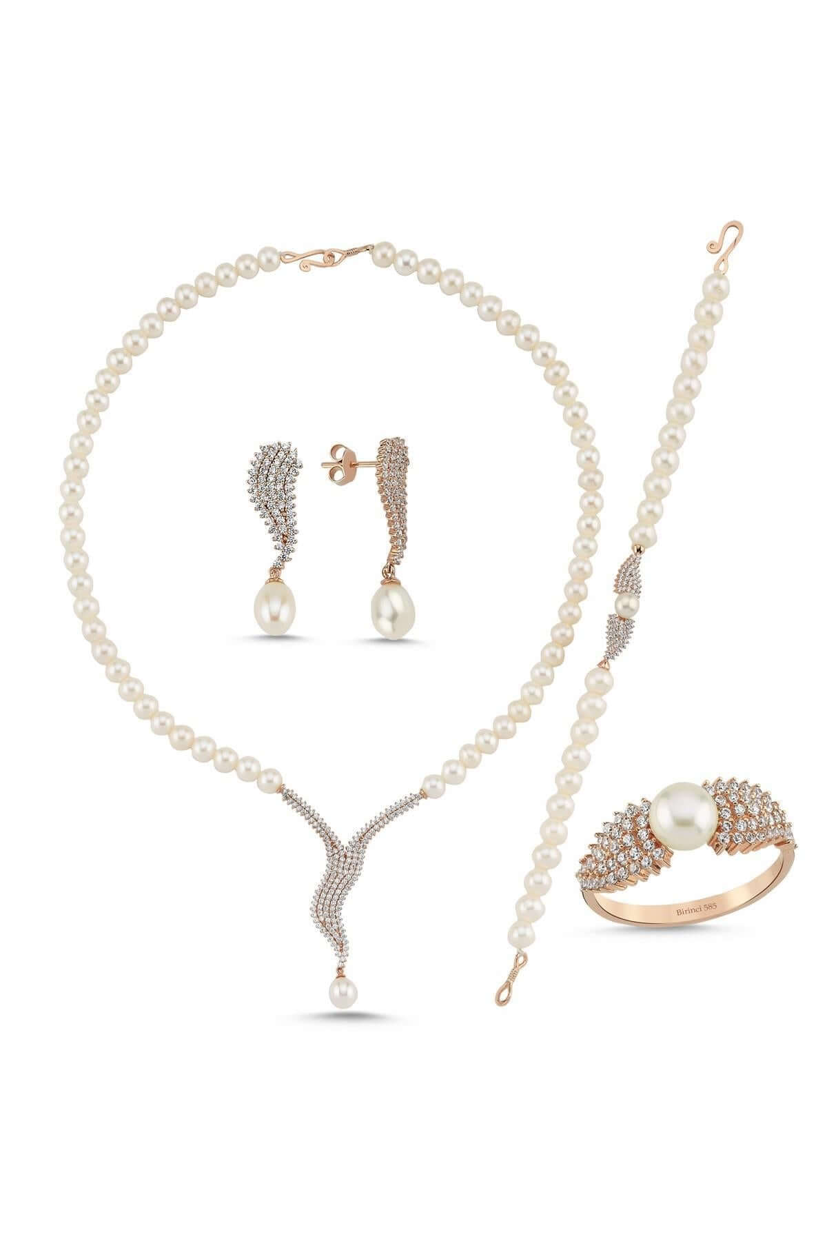 Su Yolu Taşlı Doğal İnci Küpe Kolye Bileklik Yüzük Dörtlü Set | | Birinci1926