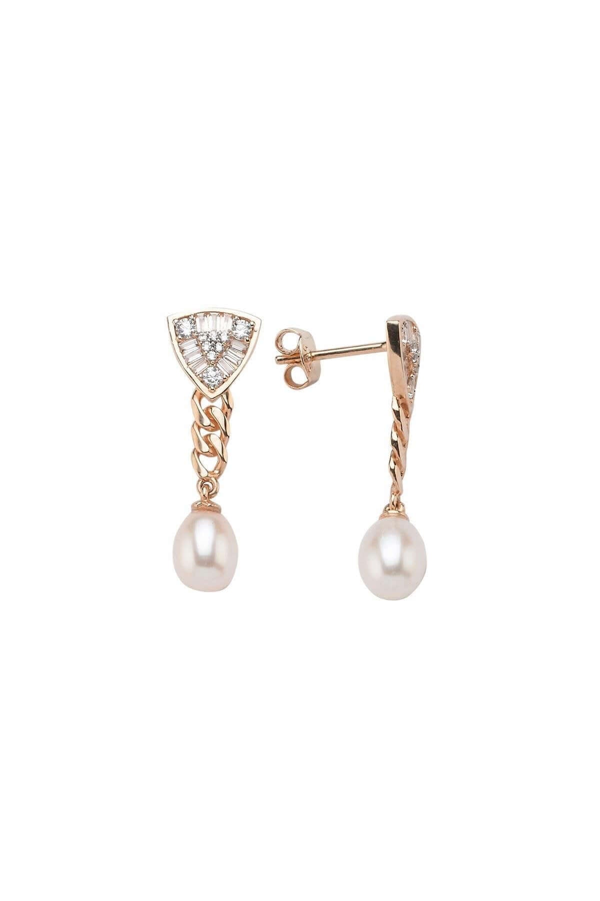 Üçgen Modeli Baget Taşlı Doğal İnci Küpe | | Birinci1926