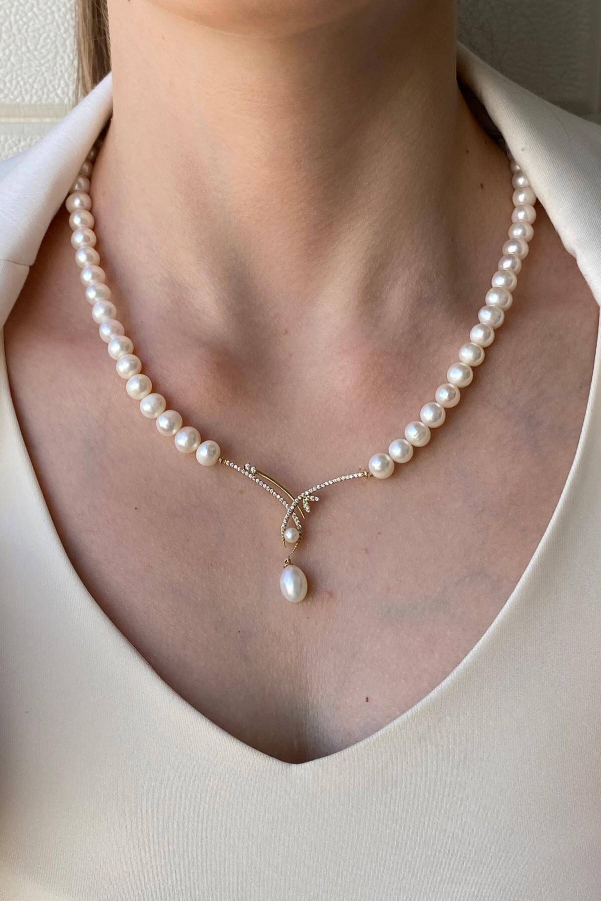 Yaprak Taşlı Doğal İnci Sallantılı Kolye | | Birinci1926