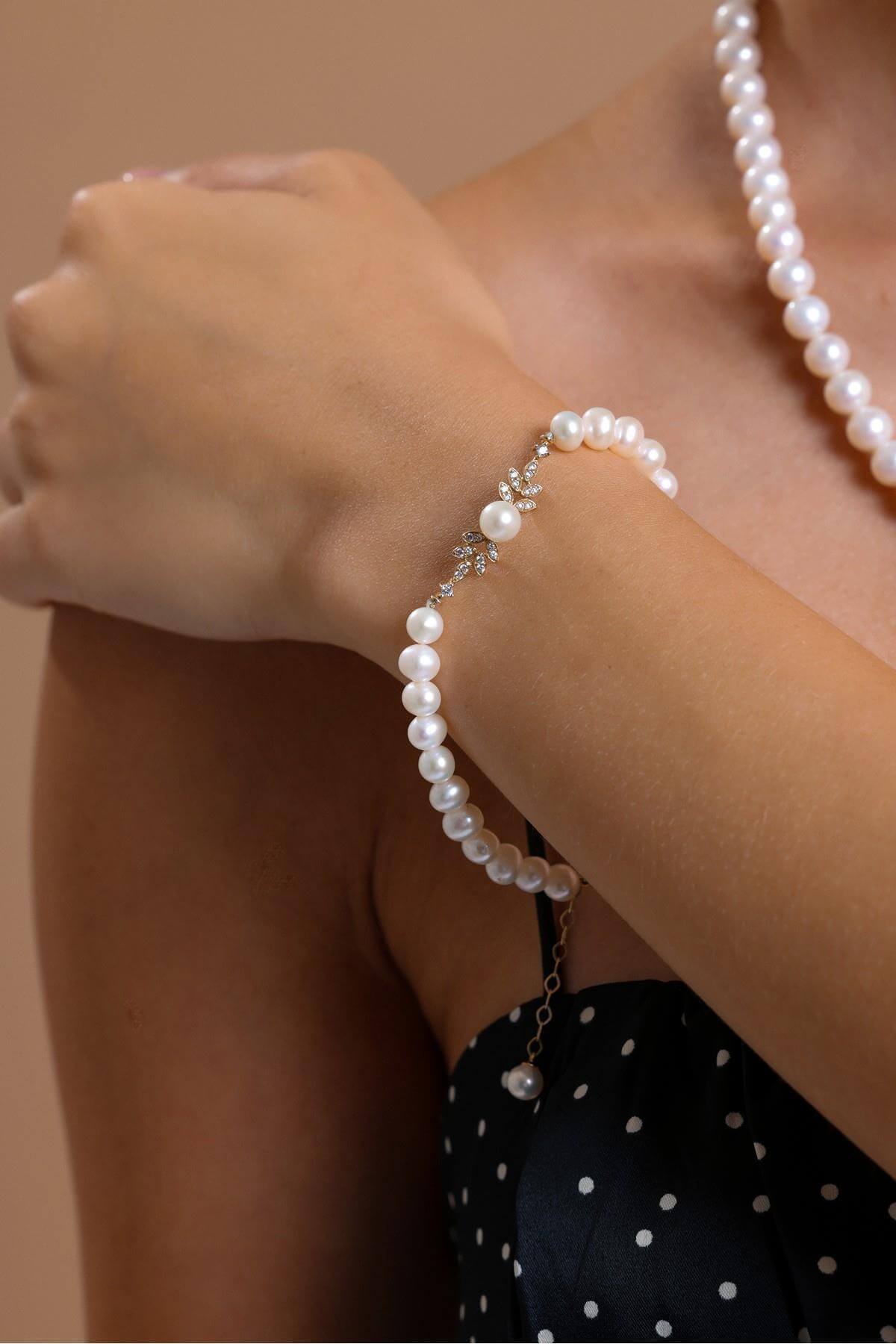 Yaprak Taşlı Doğal İnci Küpe Kolye Bileklik Üçlü Set | | Birinci1926