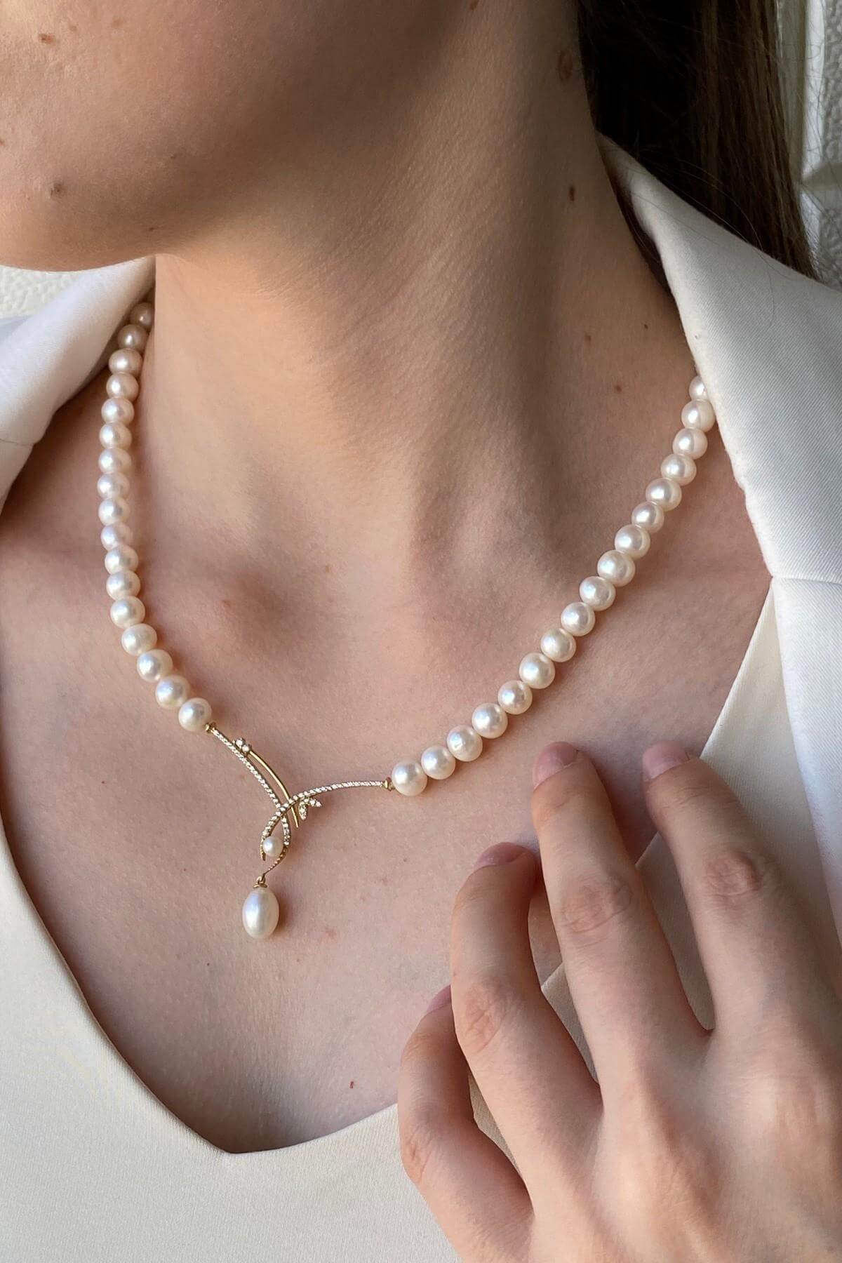 Yaprak Taşlı Doğal İnci Sallantılı Kolye | | Birinci1926