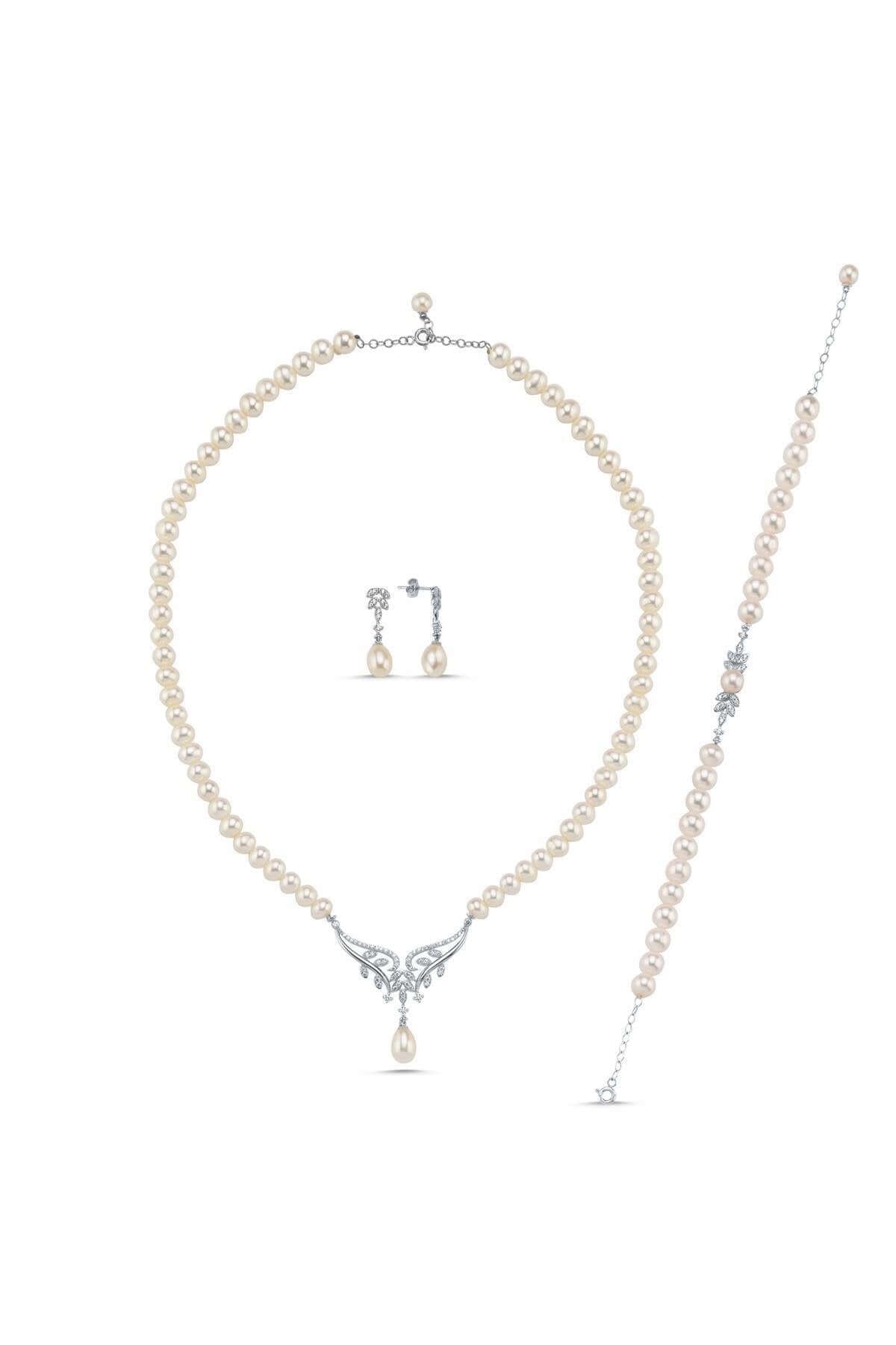 Yaprak Taşlı Doğal İnci Küpe Kolye Bileklik Üçlü Set | | Birinci1926