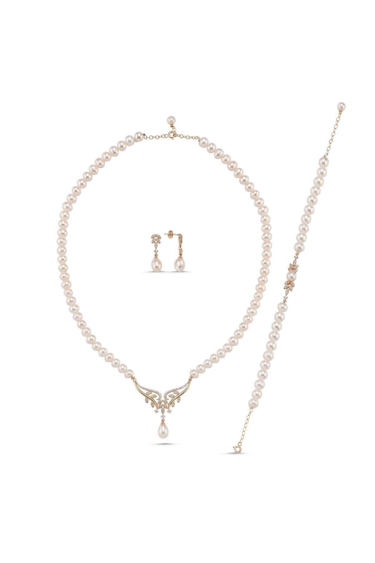 Yaprak Taşlı Doğal İnci Küpe Kolye Bileklik Üçlü Set | | Birinci1926