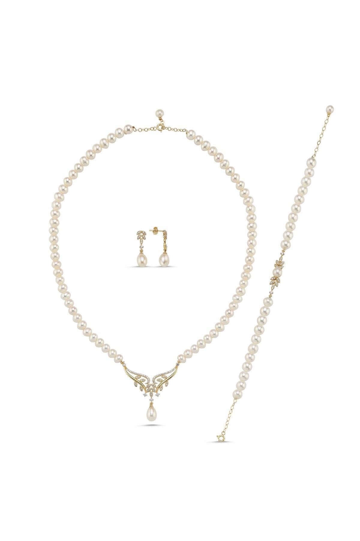 Yaprak Taşlı Doğal İnci Küpe Kolye Bileklik Üçlü Set | | Birinci1926