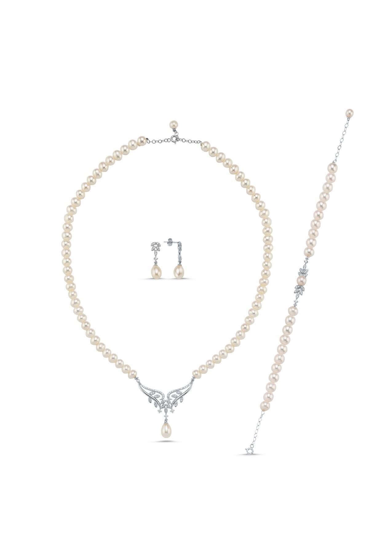 Yaprak Taşlı Doğal İnci Küpe Kolye Bileklik Üçlü Set | | Birinci1926