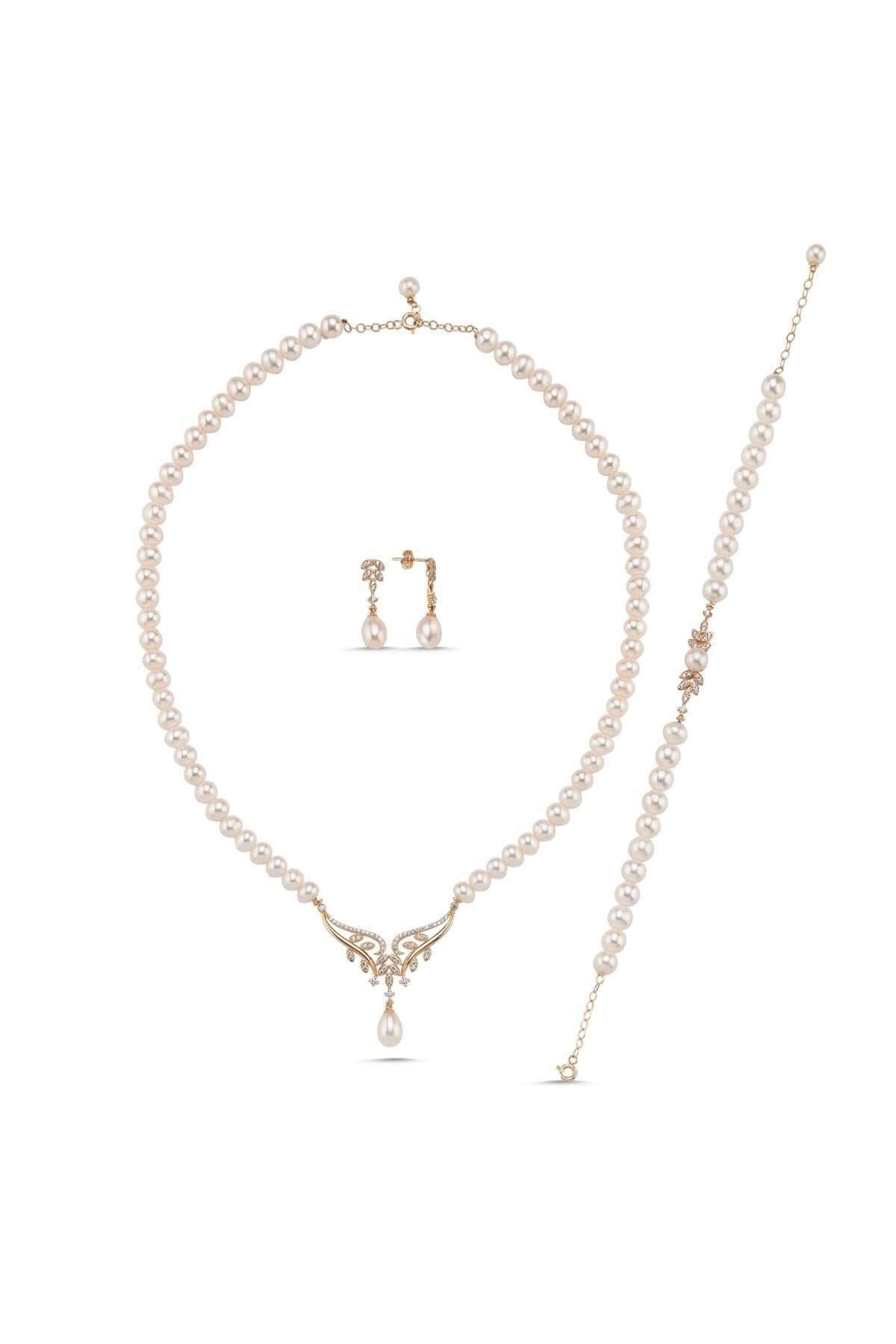 Yaprak Taşlı Doğal İnci Küpe Kolye Bileklik Üçlü Set | | Birinci1926