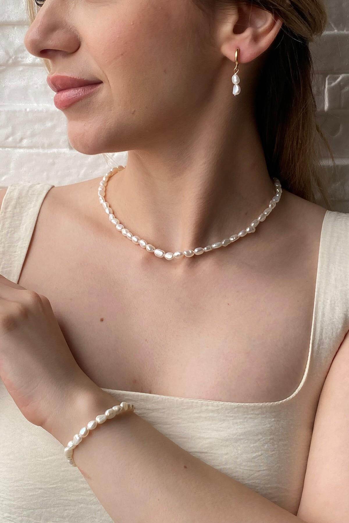 Yassı Barok İnci Kolye Bileklik Küpe Üçlü Set | | Birinci1926