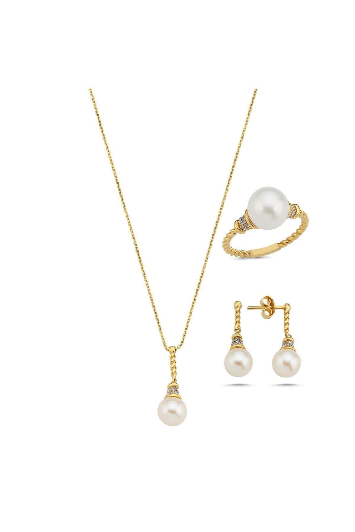 Burgulu Zirkon Taşlı Doğal İnci Küpe Kolye Yüzük Üçlü Set | | Birinci1926