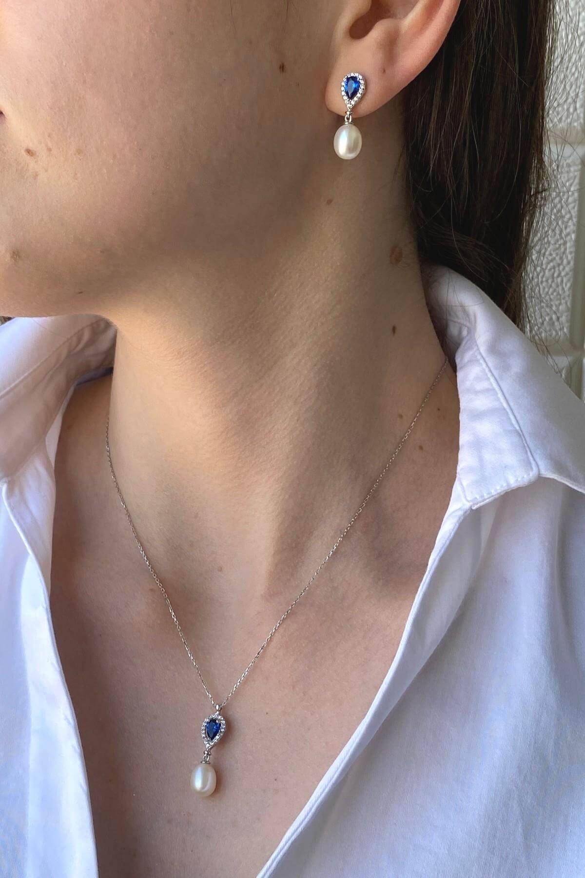 Damla Safir Doğal İnci Sallantı Küpe Kolye İkili Set | | Birinci1926