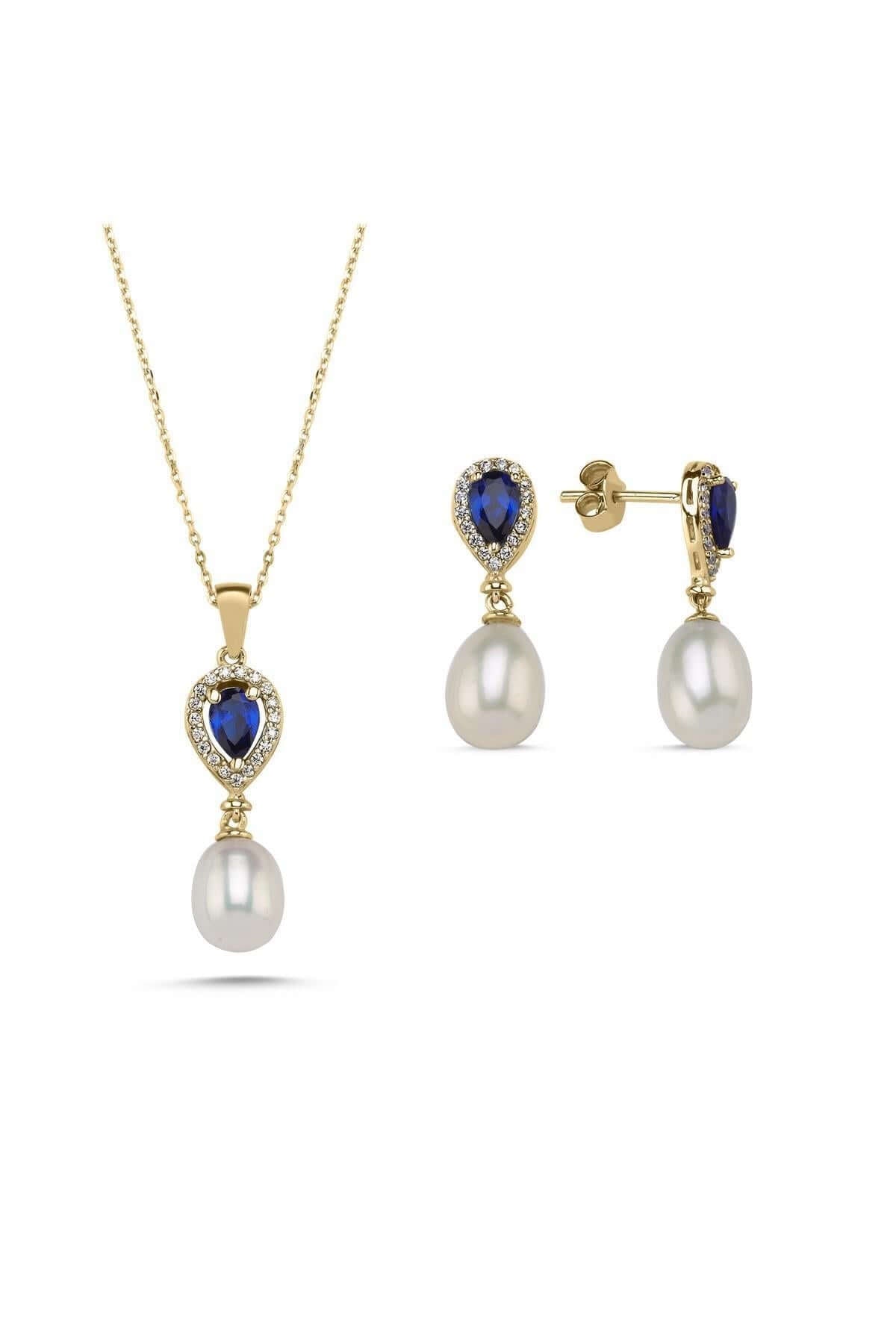 Damla Safir Doğal İnci Sallantı Küpe Kolye İkili Set | | Birinci1926