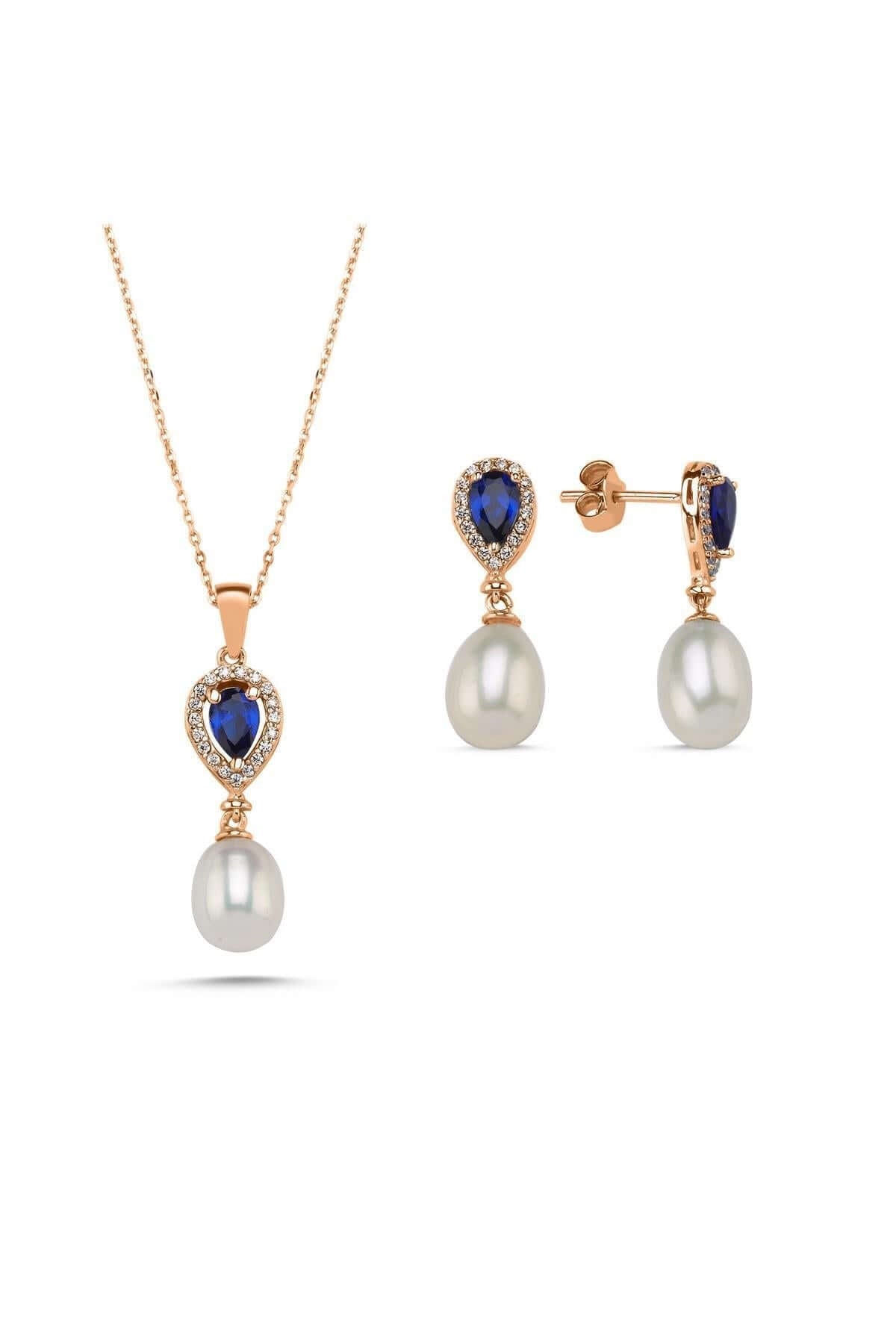 Damla Safir Doğal İnci Sallantı Küpe Kolye İkili Set | | Birinci1926