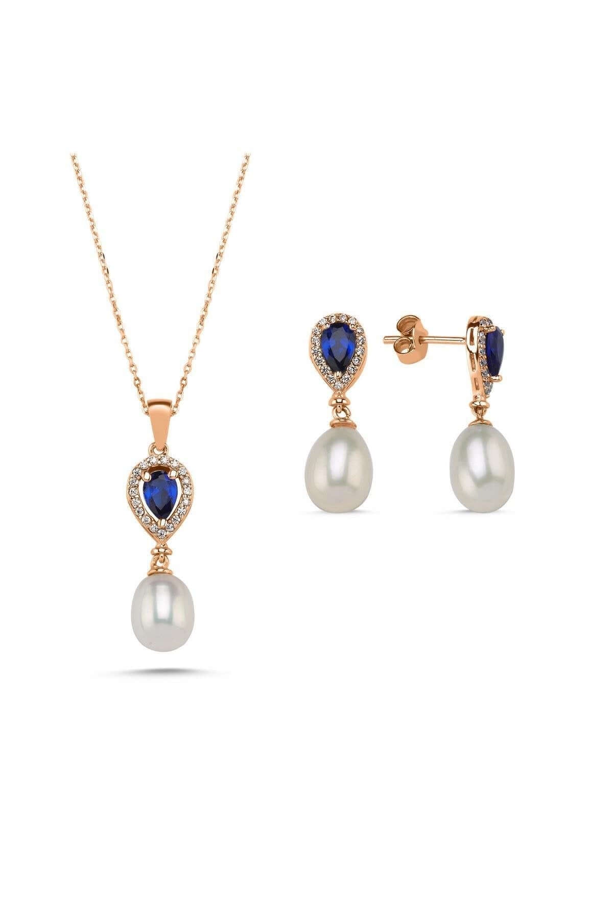 Damla Safir Doğal İnci Sallantı Küpe Kolye İkili Set | | Birinci1926