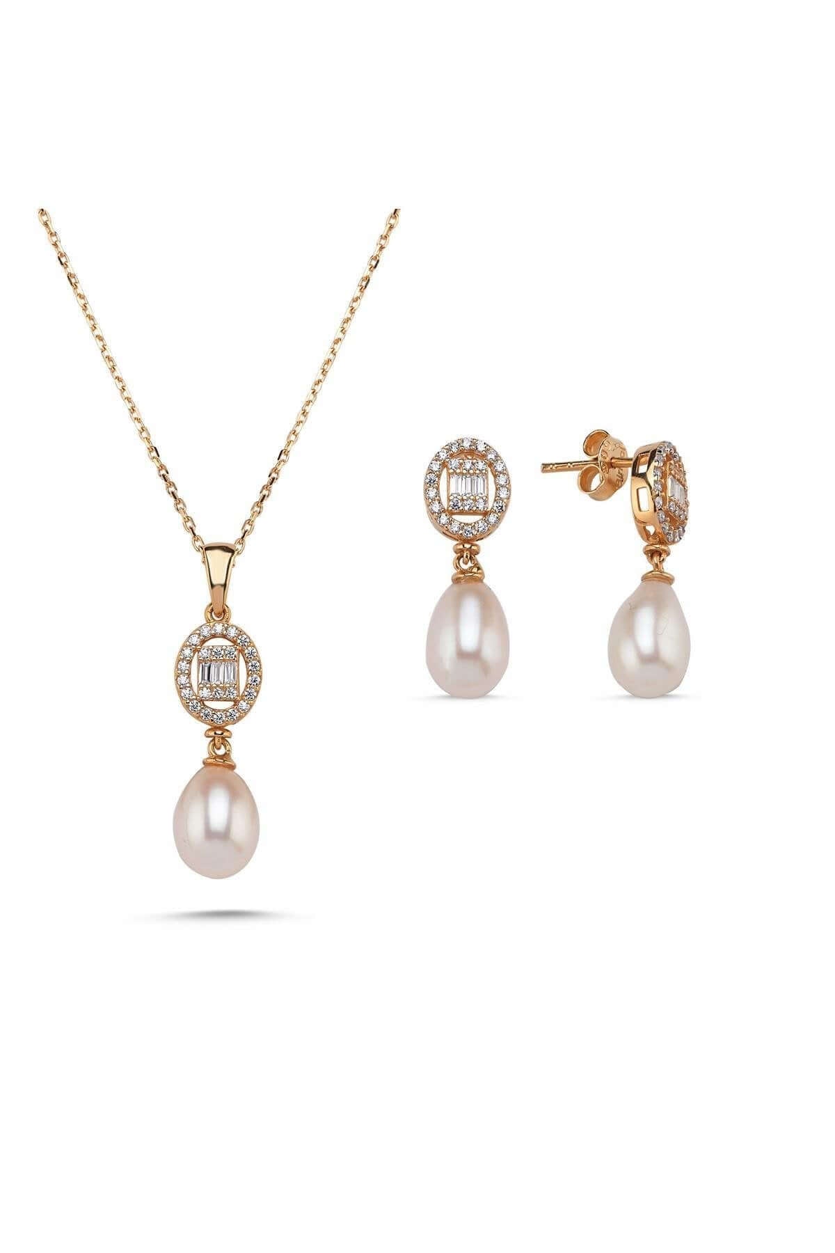 Oval Baget Taşlı Doğal İnci Sallantı Küpe Kolye İkili Set | | Birinci1926