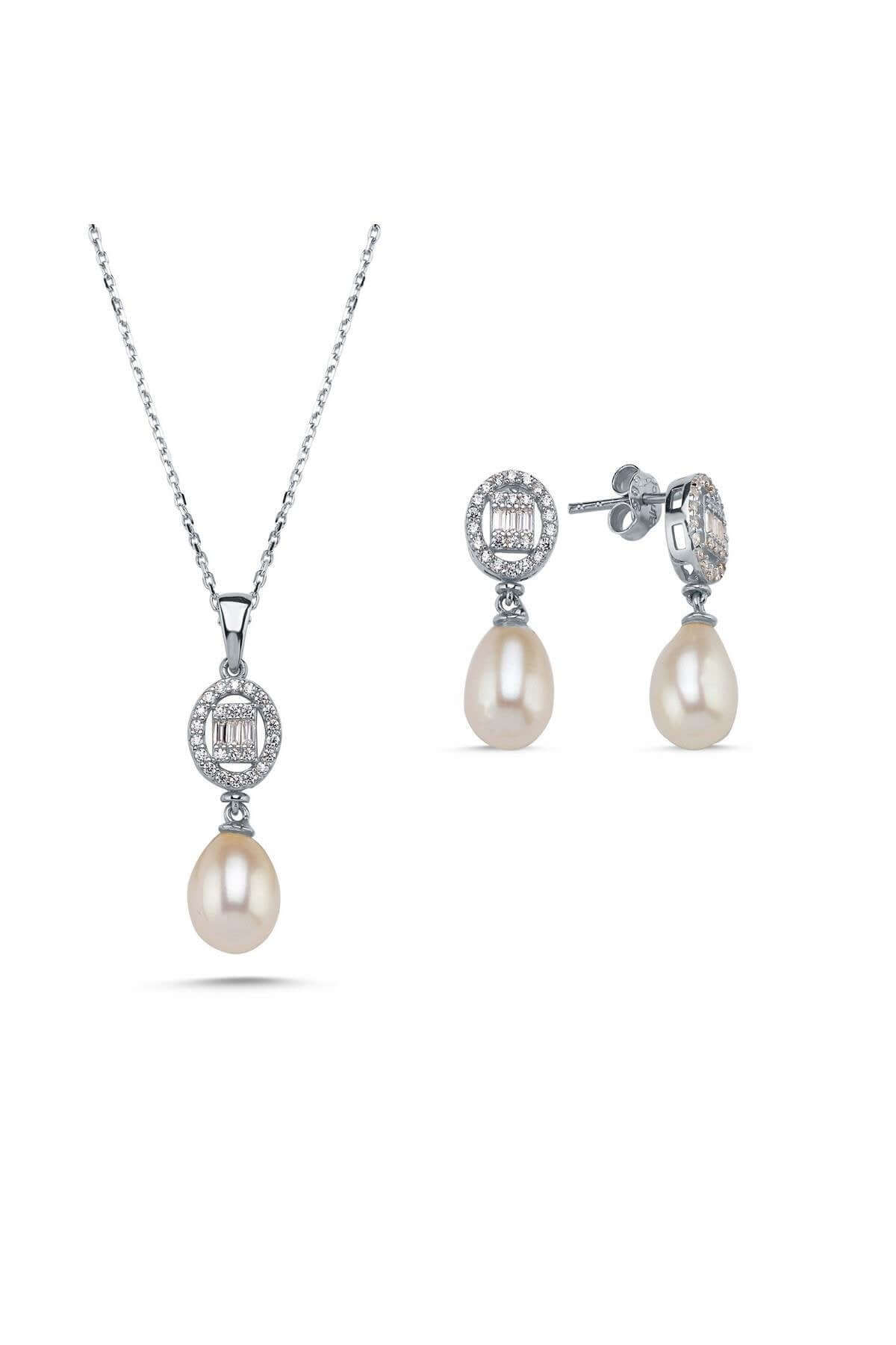 Oval Baget Taşlı Doğal İnci Sallantı Küpe Kolye İkili Set | | Birinci1926
