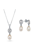 Oval Baget Taşlı Doğal İnci Sallantı Küpe Kolye İkili Set | | Birinci1926