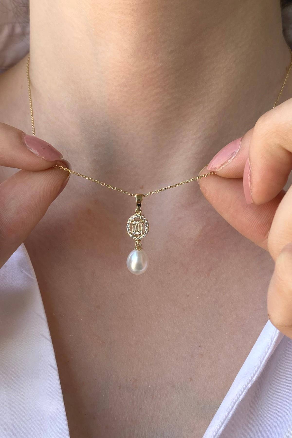 Oval Baget Taşlı Doğal İnci Kolye | | Birinci1926