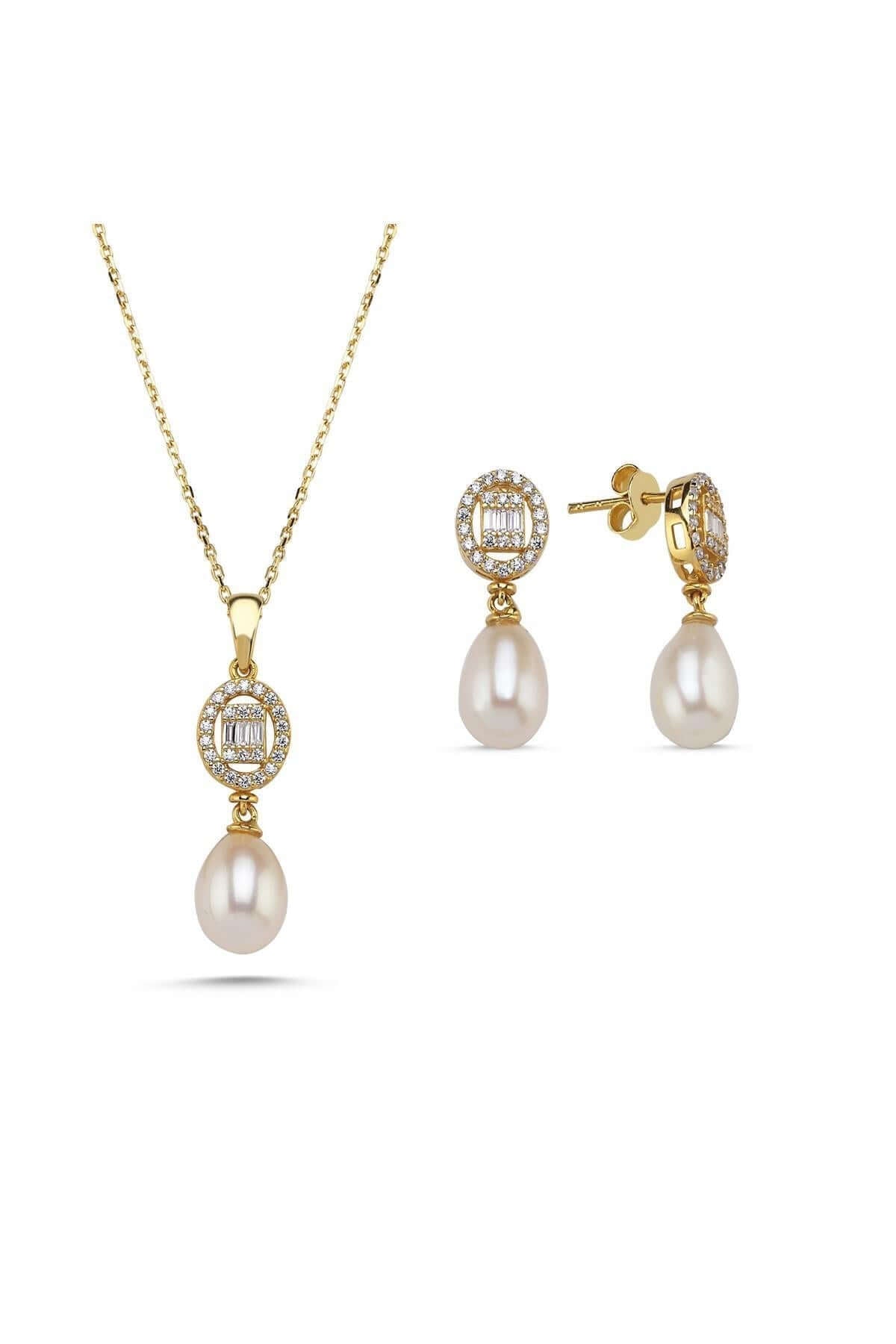 Oval Baget Taşlı Doğal İnci Sallantı Küpe Kolye İkili Set | | Birinci1926