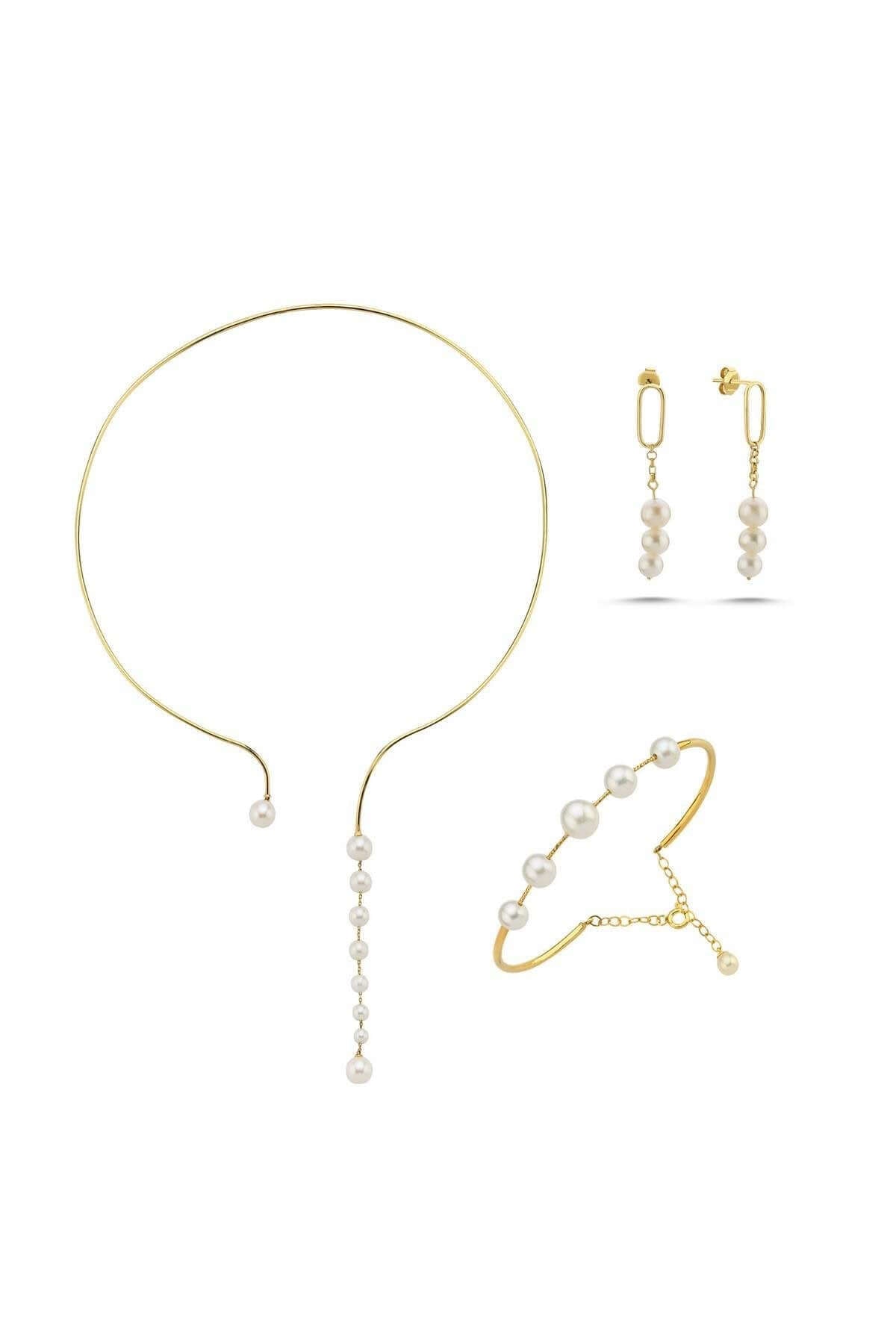 Sallantılı Doğal İnci Küpe Kolye Bileklik Üçlü Set | | Birinci1926