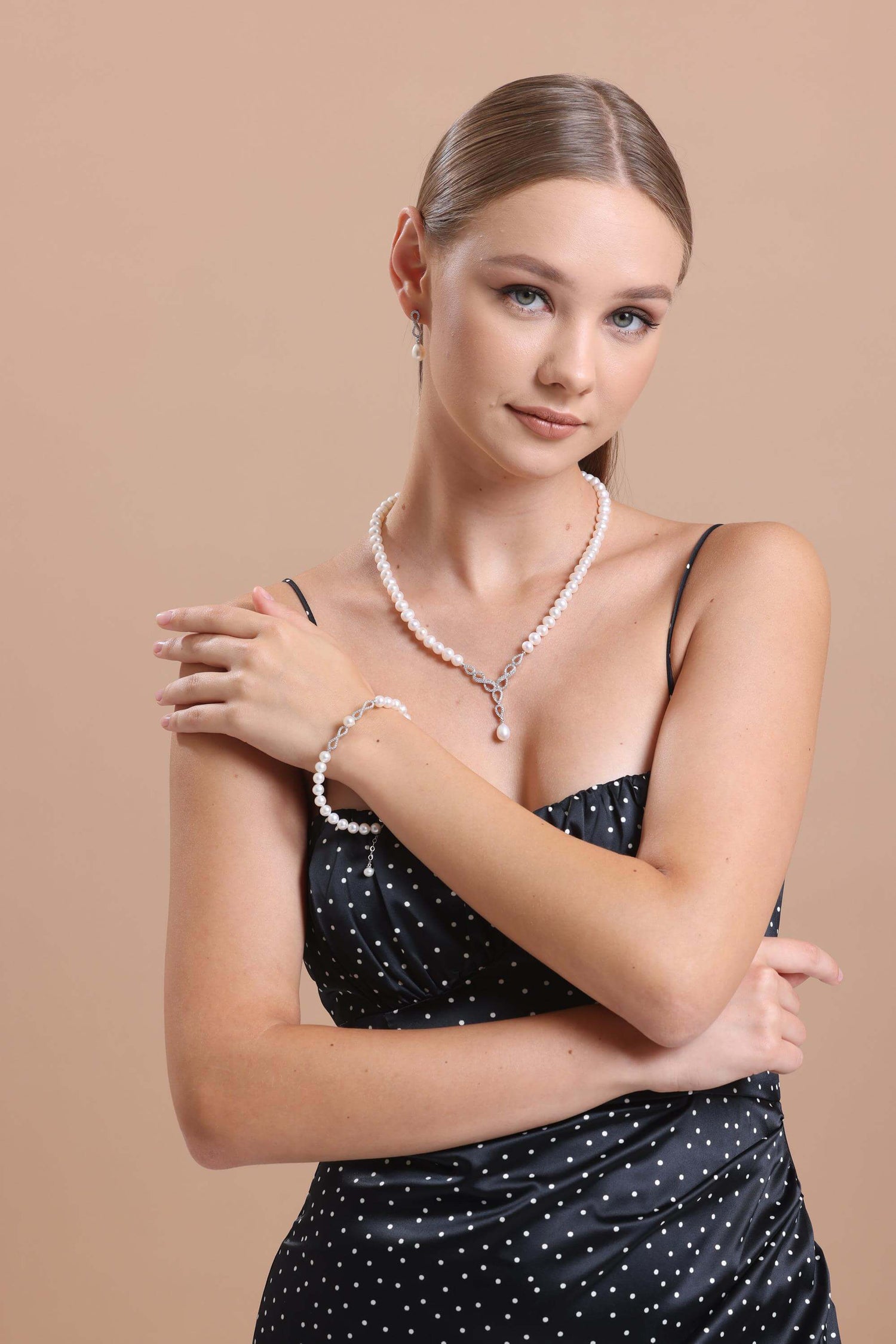 Sonsuzluk Taşlı Doğal İncili Küpe Kolye Bileklik Üçlü Set | | Birinci1926