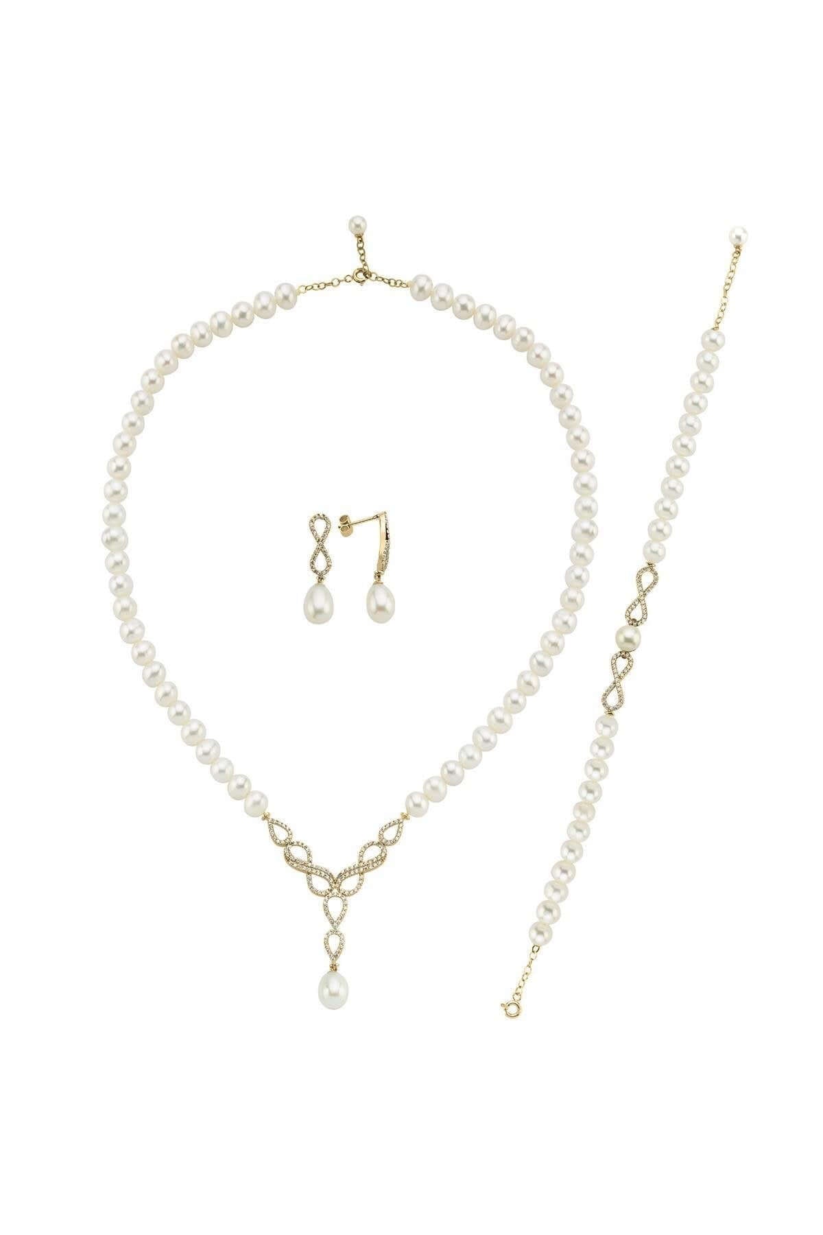 Sonsuzluk Taşlı Doğal İnci Küpe Kolye Bileklik Üçlü Set | | Birinci1926