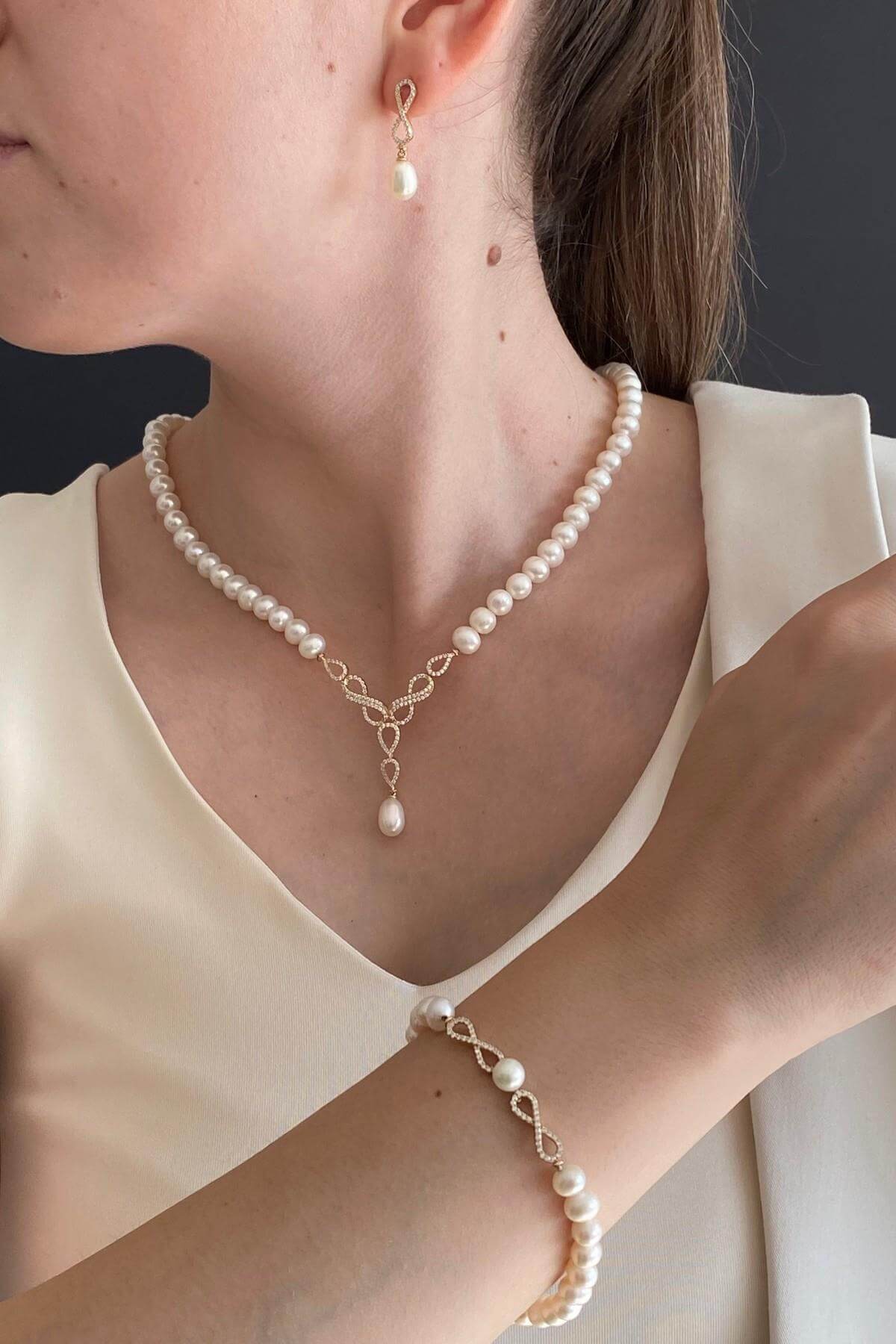 Sonsuzluk Taşlı Doğal İnci Küpe Kolye Bileklik Üçlü Set | | Birinci1926