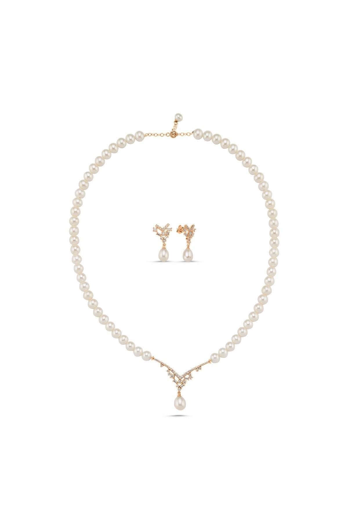 Taşlı Doğal İnci Sallantılı Küpe Kolye İkili Set | | Birinci1926