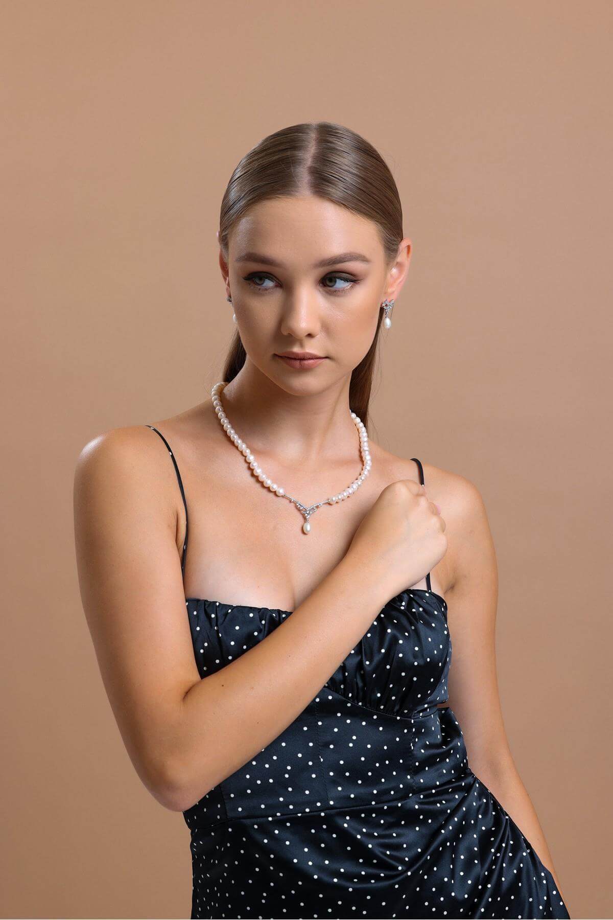 Taşlı Doğal İnci Sallantılı Küpe Kolye İkili Set | | Birinci1926