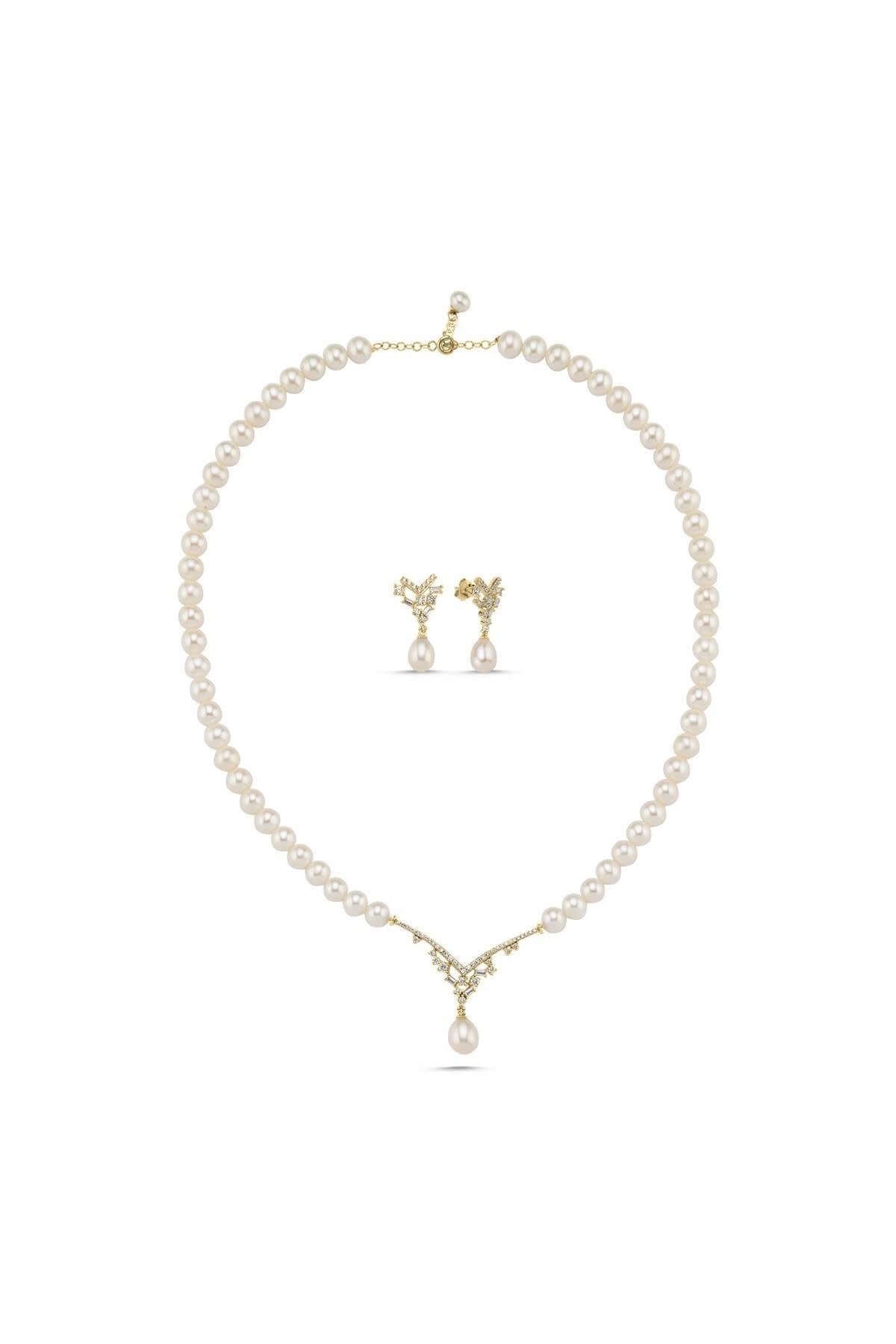 Taşlı Doğal İnci Sallantılı Küpe Kolye İkili Set | | Birinci1926