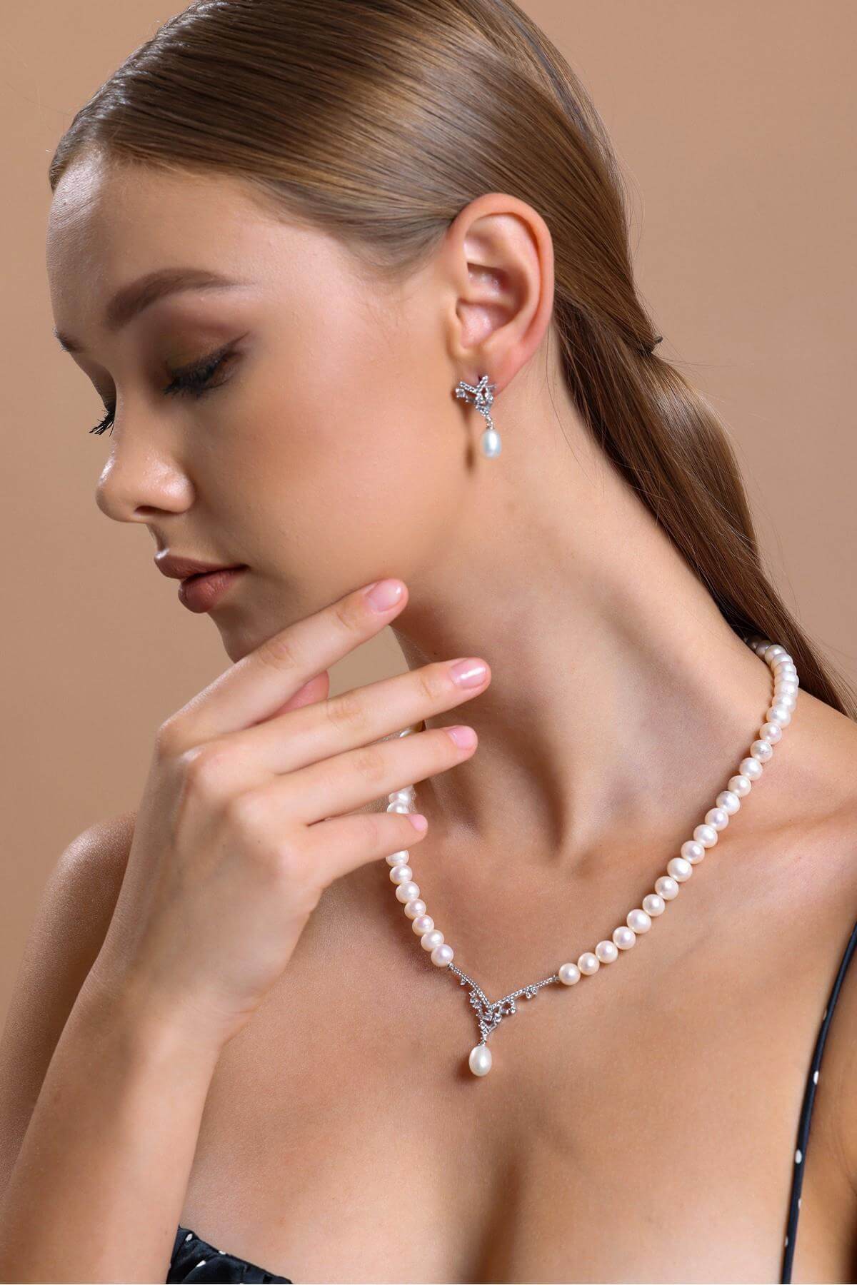 Taşlı Doğal İnci Sallantılı Küpe Kolye İkili Set | | Birinci1926