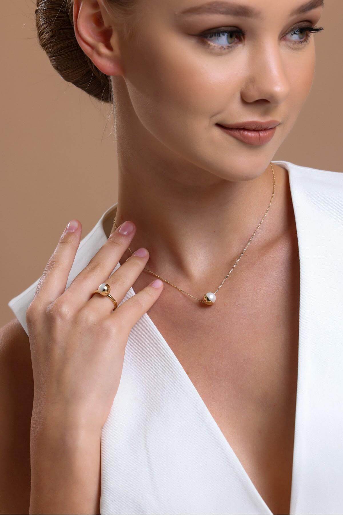 Tek Doğal İnci Kolye Yüzük İkili Set | | Birinci1926