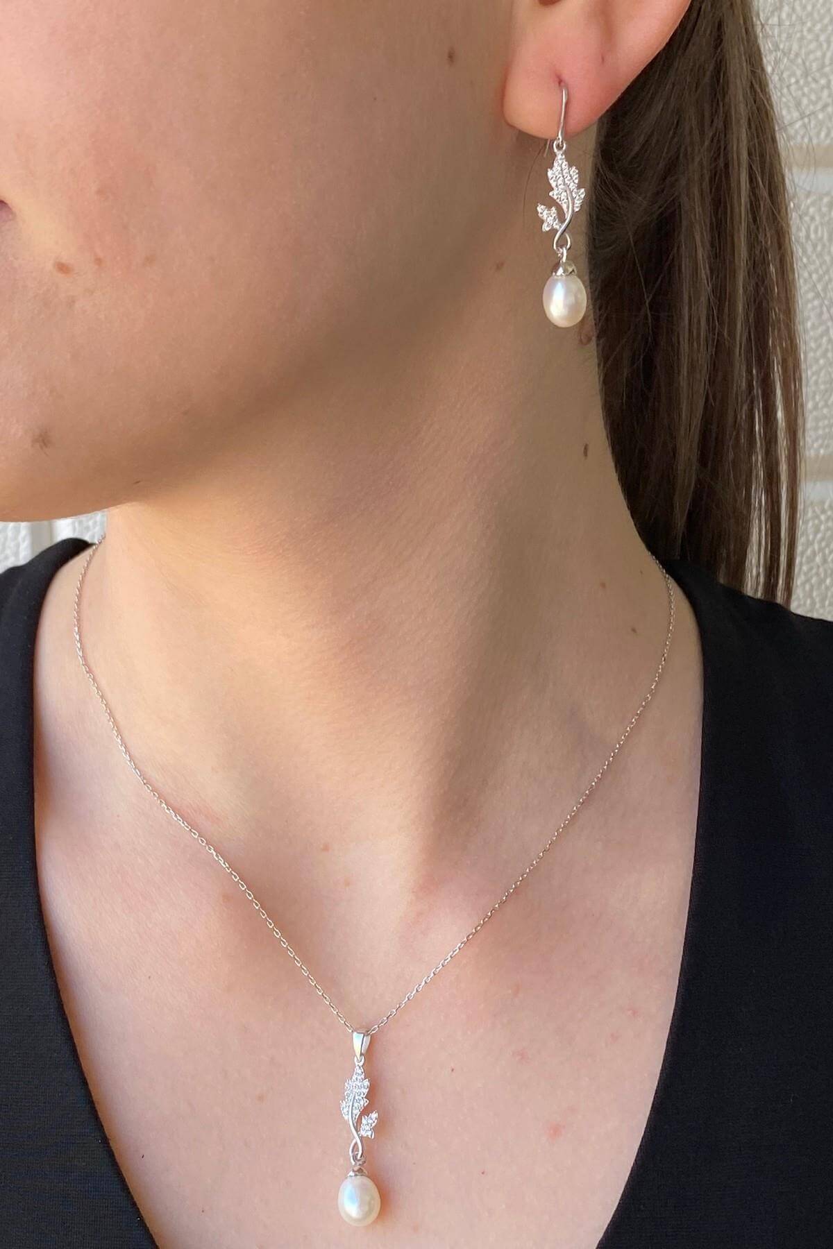 Yaprak Taşlı Doğal İnci Sallantılı Küpe Kolye İkili Set | | Birinci1926